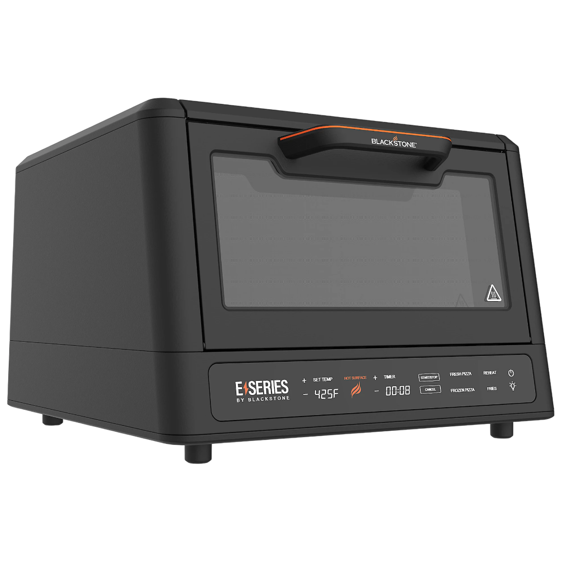 Blackstone E-Series countertop oven with a digital control panel, featuring temperature and timer settings, specifically designed for baking pizzas.