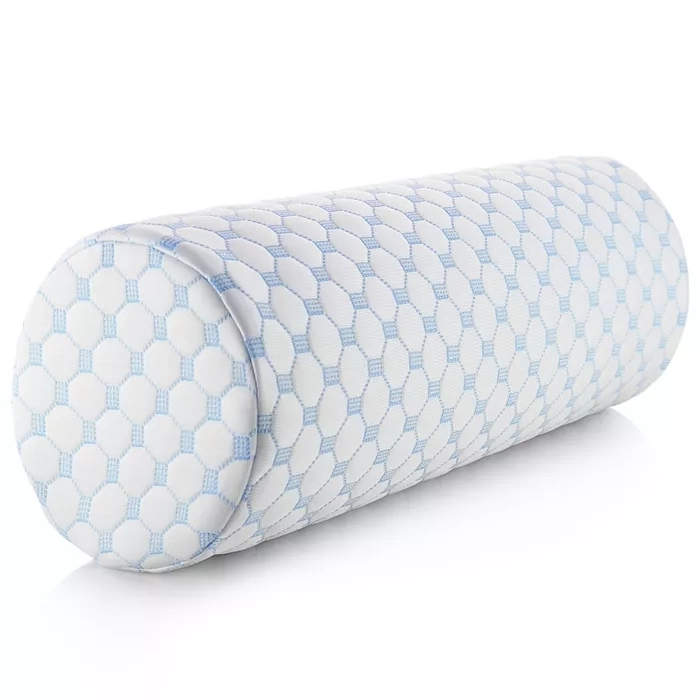 Blue and white patterned cylindrical bolster pillow.