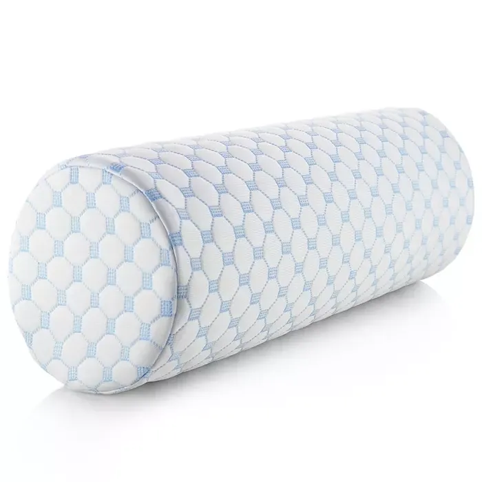 Blue and white patterned cylindrical bolster pillow.