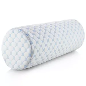 Blue and white patterned cylindrical bolster pillow.