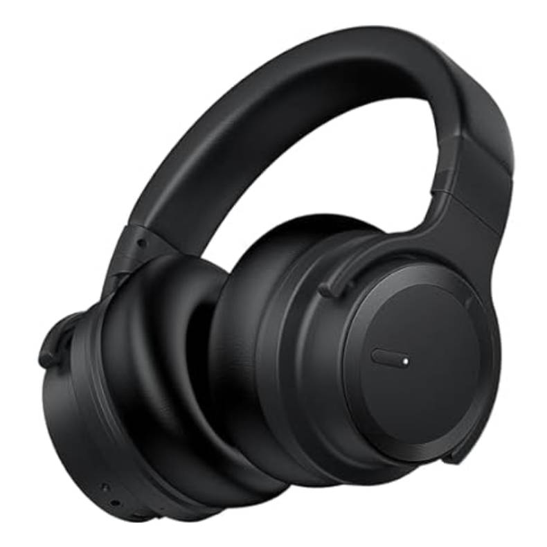 Black over-ear headphones with cushioned ear cups and an adjustable headband, featuring a minimalist design and a small button on the side.