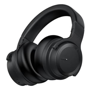 Black over-ear headphones with cushioned ear cups and an adjustable headband, featuring a minimalist design and a small button on the side.