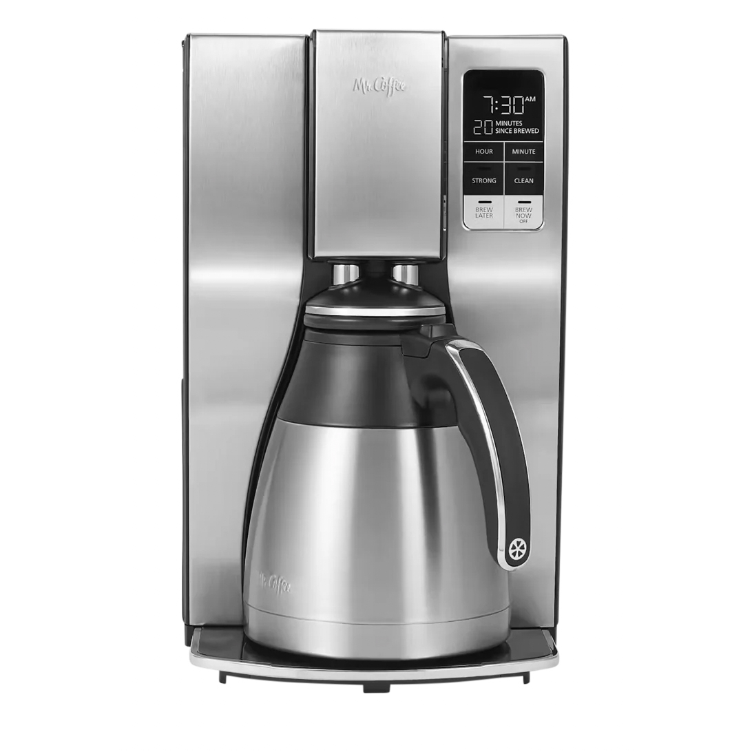 Mr. Coffee 10-Cup Coffee Maker features a stainless steel design with a thermal carafe and a digital display for time and brew settings, including strong brew and clean options.