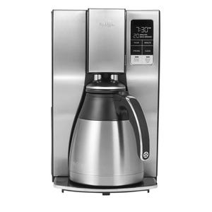 Mr. Coffee 10-Cup Coffee Maker features a stainless steel design with a thermal carafe and a digital display for time and brew settings, including strong brew and clean options.