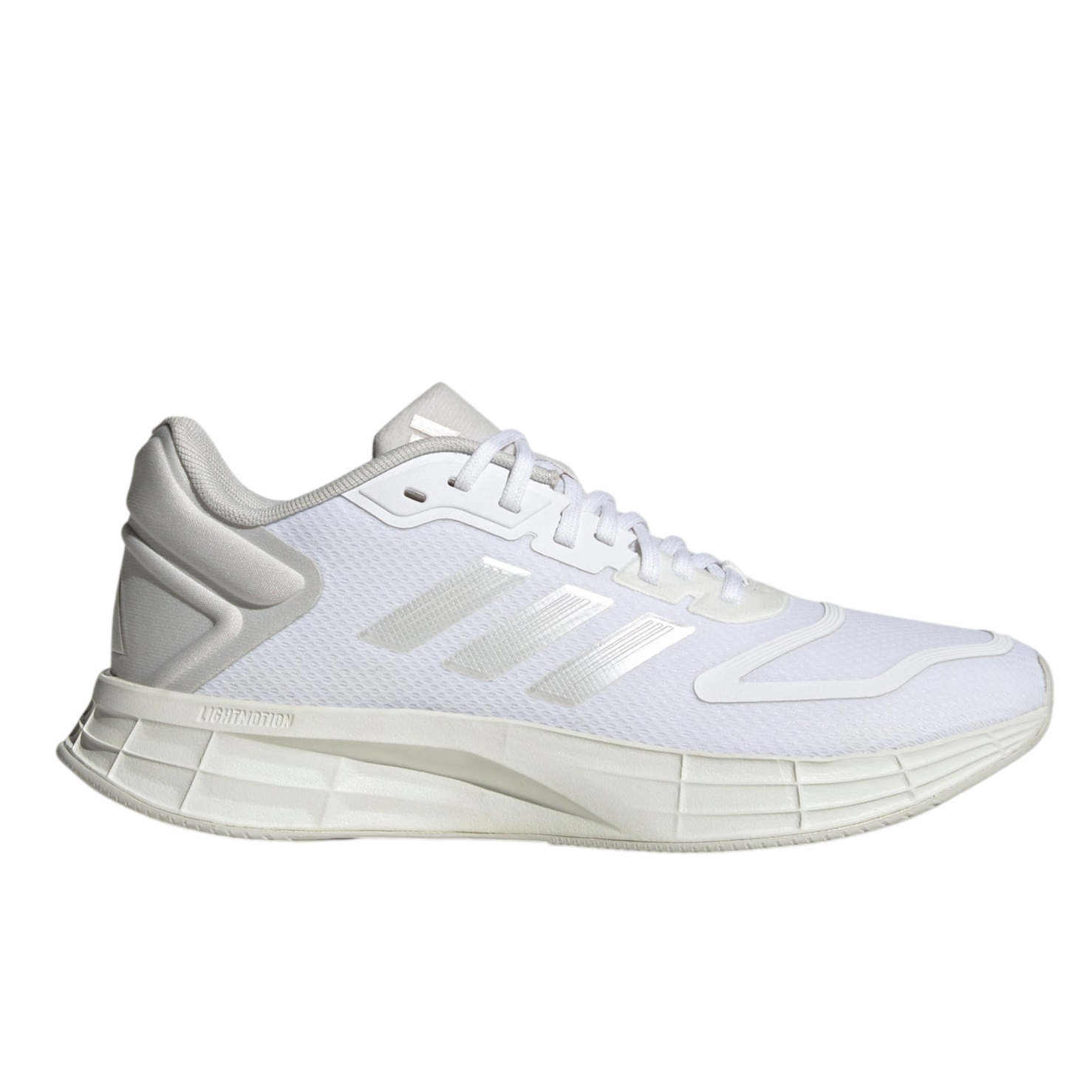 A white Adidas running shoe with three stripes on the side and a cushioned sole, designed for comfort and performance.