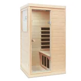 A compact, wooden infrared sauna with a clear glass door and a small seating area inside.
