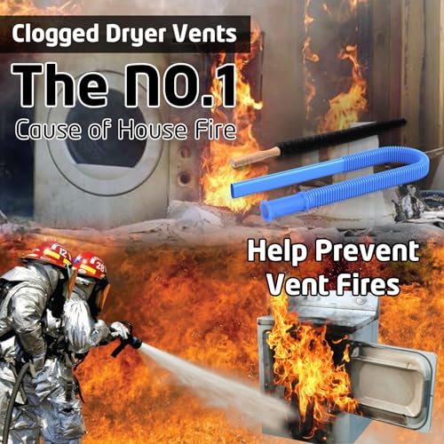 Clogged dryer vents are depicted as the leading cause of house fires, with firefighters battling flames. Cleaning tools are shown to help prevent vent fires.