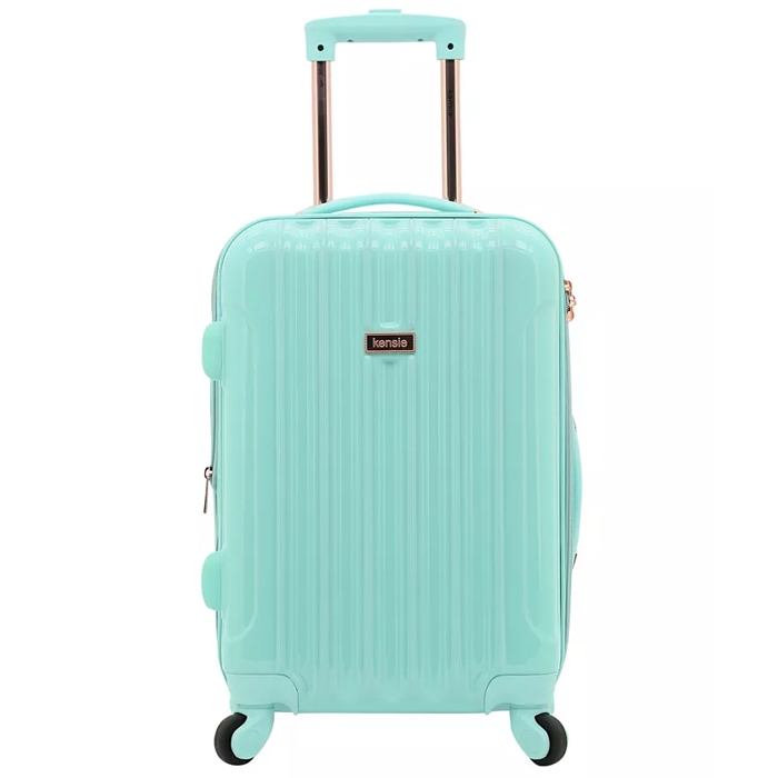 A mint green hardshell suitcase with four wheels and an extendable handle, featuring vertical ridges and a front brand nameplate.