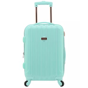 A mint green hardshell suitcase with four wheels and an extendable handle, featuring vertical ridges and a front brand nameplate.