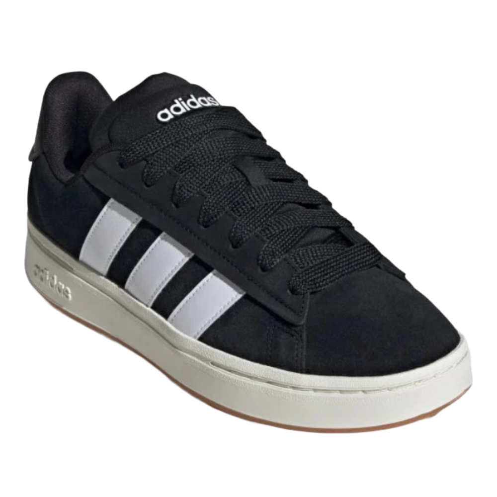 Black Adidas sneaker featuring white stripes, a white sole, and a black lace-up design.