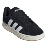 Black Adidas sneaker featuring white stripes, a white sole, and a black lace-up design.