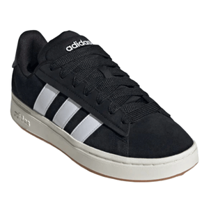 Black Adidas sneaker featuring white stripes, a white sole, and a black lace-up design.
