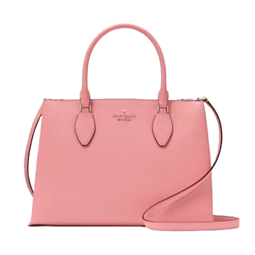 A pink Kate Spade handbag with dual handles and a detachable shoulder strap.