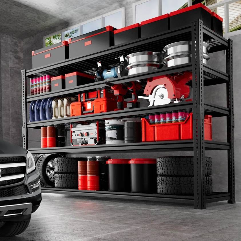 A black metal Rebrilliant shelf holds various items including black and red storage bins, car parts, power tools, tires, and containers of fluids, organized on multiple levels. A car is partially visible in the foreground.