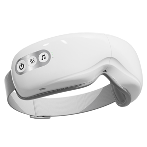 A white eye massage device with a strap, featuring buttons for power, heating, and music.