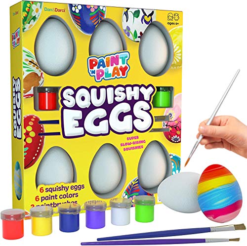 A Squishy Eggs Paint & Play Set with six paintable squishy eggs, six paint colors in individual pots, two paintbrushes, and a palette, showcased in a colorful box.