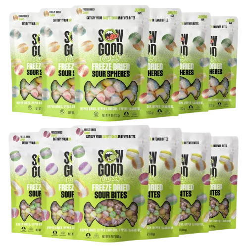 Sow Good freeze-dried sour candy featuring sour bites and spheres in brightly colored packaging.