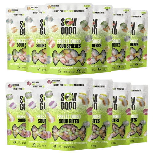 Sow Good freeze-dried sour candy featuring sour bites and spheres in brightly colored packaging.