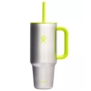 Stainless steel tumbler with a bright yellow handle and straw, featuring an insulated design with a logo at the center.