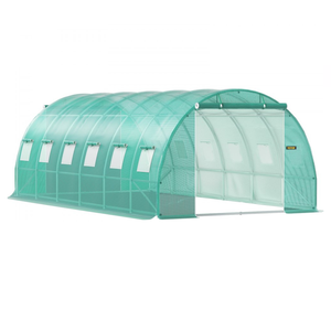 A green, arched tunnel greenhouse measuring 20' x 10' with a sturdy, transparent cover featuring multiple side windows for ventilation and a roll-up door at one end for easy access.