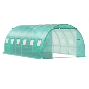 A green, arched tunnel greenhouse measuring 20' x 10' with a sturdy, transparent cover featuring multiple side windows for ventilation and a roll-up door at one end for easy access.