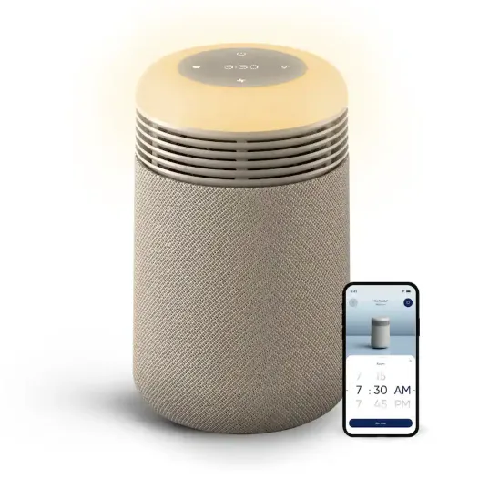A cylindrical smart air purifier with a fabric finish and a digital display on top, paired with a smartphone app interface showing time settings.