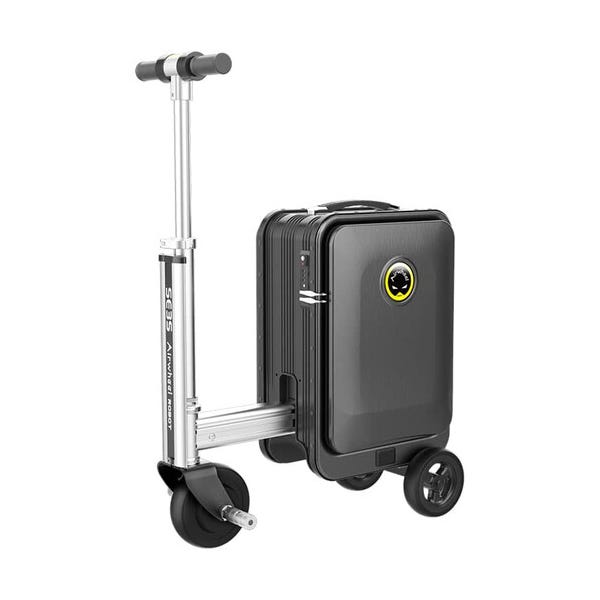 A black motorized suitcase with a telescoping handle and three wheels, designed for easy transportation.