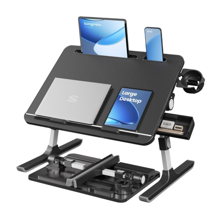 Adjustable laptop stand with slots for tablets and smartphones, featuring a side drawer for accessories and a cup holder, designed for convenience and organization.