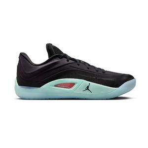 Black low-top sneaker with a light mint green midsole, featuring the Jumpman logo and a visible Air Zoom unit.