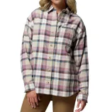 A blonde woman wears a plaid button-up shirt with a checkered pattern in muted tones of pink, cream, and blue. She pairs it with tan pants, creating a casual and stylish look.