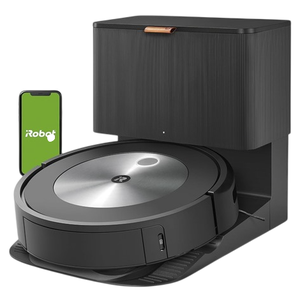 A robot vacuum cleaner with a docking station and a smartphone featuring the iRobot logo, indicating compatibility with a mobile app.