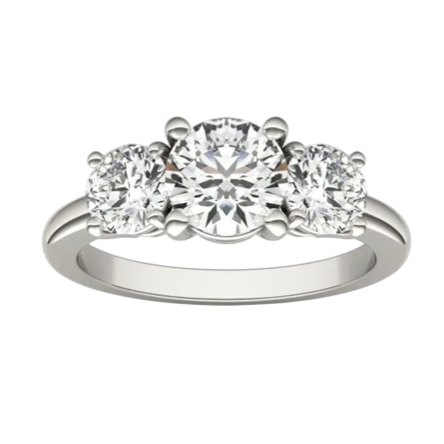 A three-stone engagement ring with a white metal band, featuring three round-cut diamonds in a classic setting.