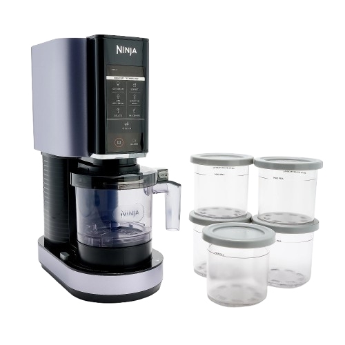 A Ninja Creami ice cream maker is shown, accompanied by four empty storage containers with gray lids.