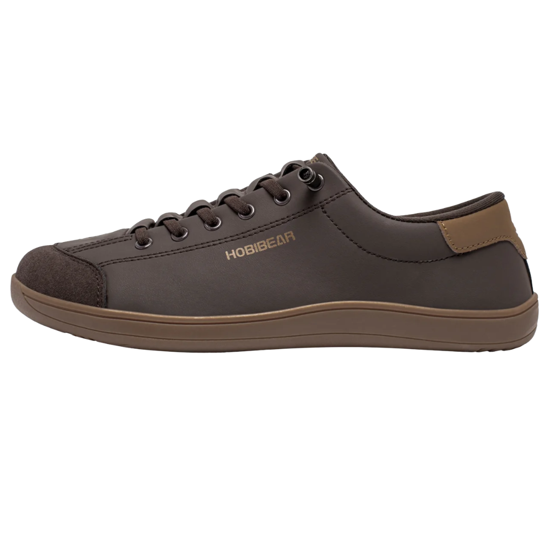 Brown casual sneaker with a lace-up design, featuring \“HOBIBEAR\“ branding on the side.