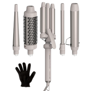 Hair styling tool set with interchangeable attachments, including a curling wand, heat brush, triple barrel curler, and straight barrel. Includes a heat-resistant glove.