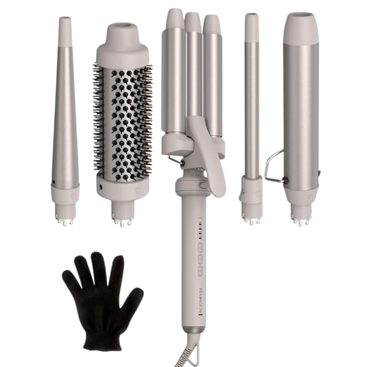 Hair styling tool set with interchangeable attachments, including a curling wand, heat brush, triple barrel curler, and straight barrel. Includes a heat-resistant glove.