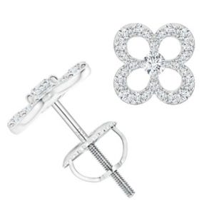 Silver-tone earrings feature a pave setting with a flower design and a center stone, secured with a screw-back closure.