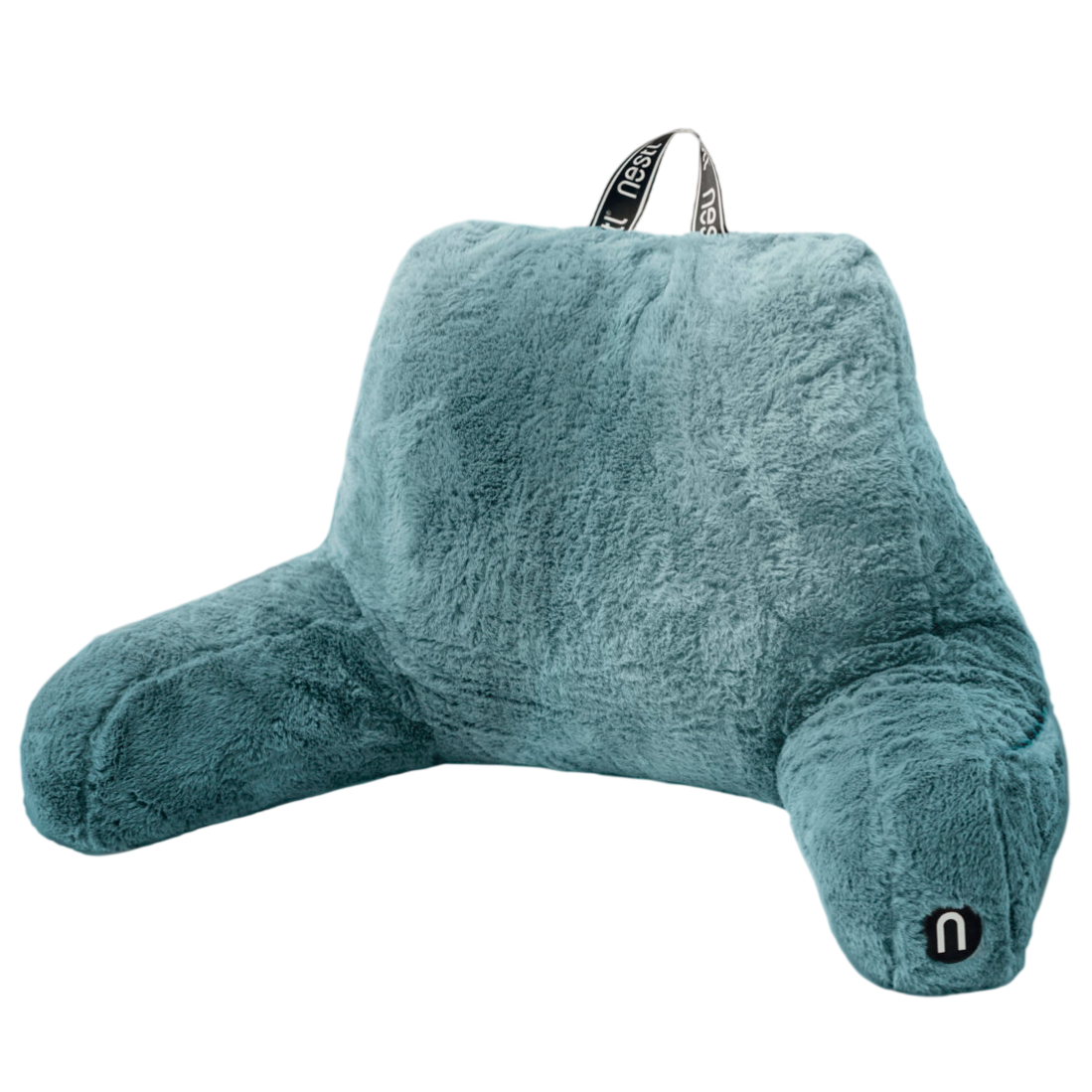 A fluffy teal backrest pillow with armrests, designed for comfort and support, featuring a handle with \“nestl\“ branding.
