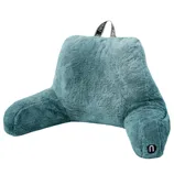 A fluffy teal backrest pillow with armrests, designed for comfort and support, featuring a handle with \“nestl\“ branding.