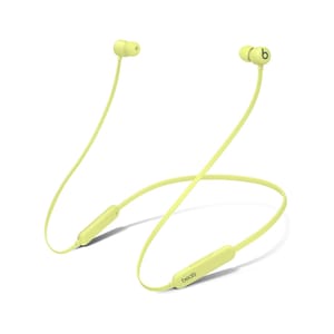 Beats Flex Earbuds are wireless yellow neckband-style earbuds featuring magnetic ear tips and an in-line control module. They have the Beats logo on the earbuds and a flexible cable connecting the earbuds with a module for controls and power.