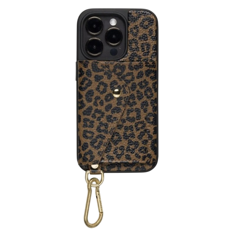 Leopard print phone case with cardholder and gold clasp, featuring a gold keychain clip at the bottom.