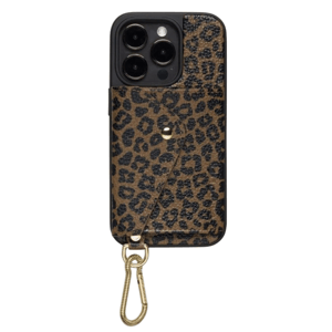 Leopard print phone case with cardholder and gold clasp, featuring a gold keychain clip at the bottom.