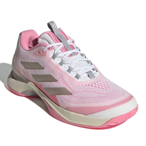 Adidas Avacourt Tennis Shoes feature a breathable pink and white mesh upper with gray accents and a cushioning midsole, designed for support and comfort on the court.