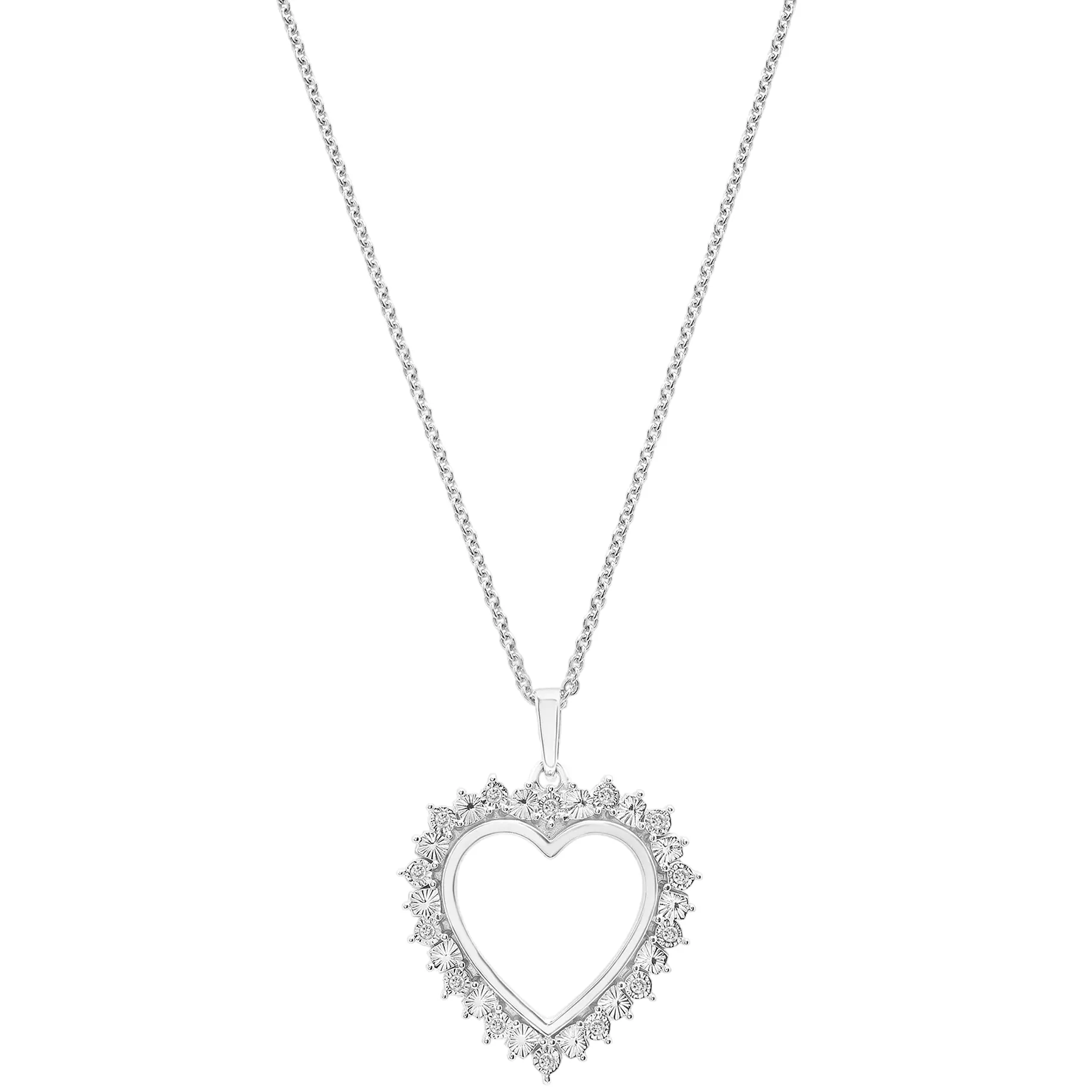 A heart-shaped pendant necklace with a delicate chain features a design bordered by shimmering decorative elements, resembling small, intricate patterns or stones.