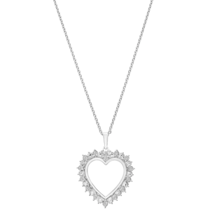 A heart-shaped pendant necklace with a delicate chain features a design bordered by shimmering decorative elements, resembling small, intricate patterns or stones.