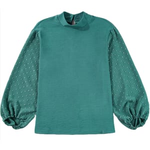 Green blouse with long, puffed sleeves featuring a Swiss dot pattern and a simple round neckline.