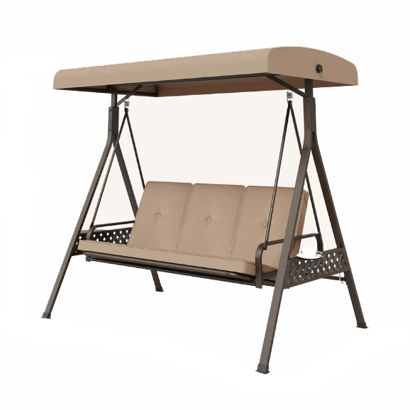 A three-seater patio porch swing with a beige canopy and cushions, set upon a sturdy metal frame with decorative metalwork on the sides.