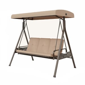 A three-seater patio porch swing with a beige canopy and cushions, set upon a sturdy metal frame with decorative metalwork on the sides.