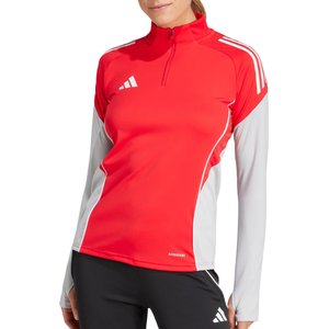 A red and white long-sleeve athletic top with a quarter-zip, featuring the Adidas logo and AEROREADY technology, paired with black sports pants also featuring the Adidas logo.