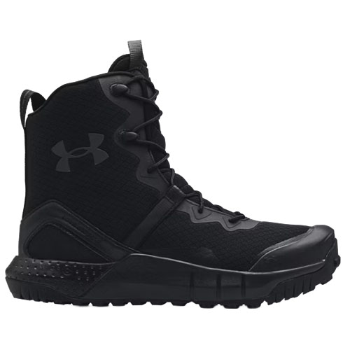 Black high-top tactical boot with a textured surface and prominent Under Armour logo on the side.